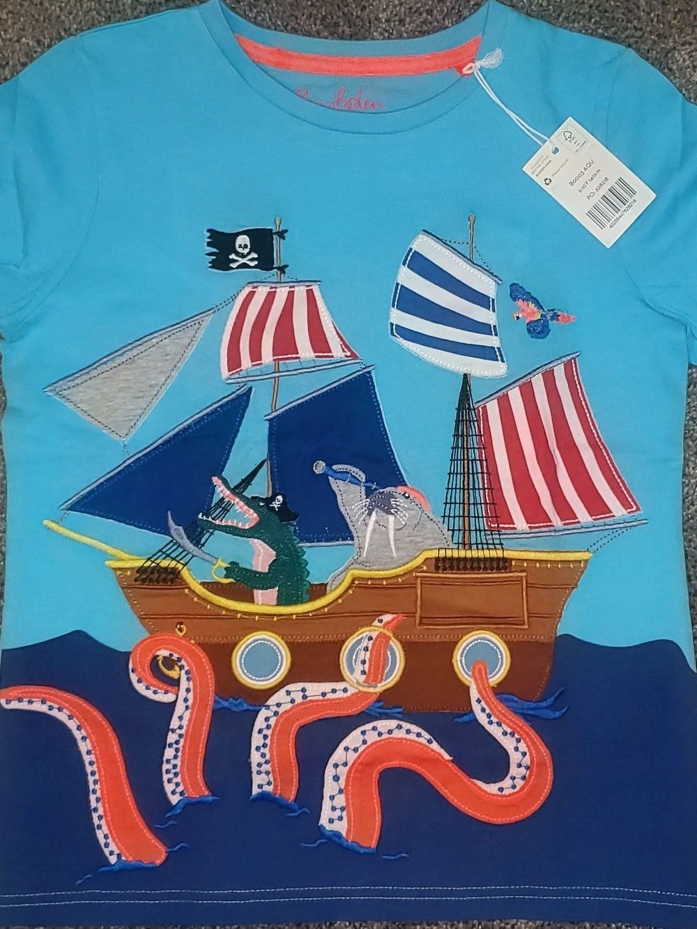 Nwt Boden Sz 9/10 Blue Kids Pirate Ship Tee with Octopus Applique And Lift Flaps